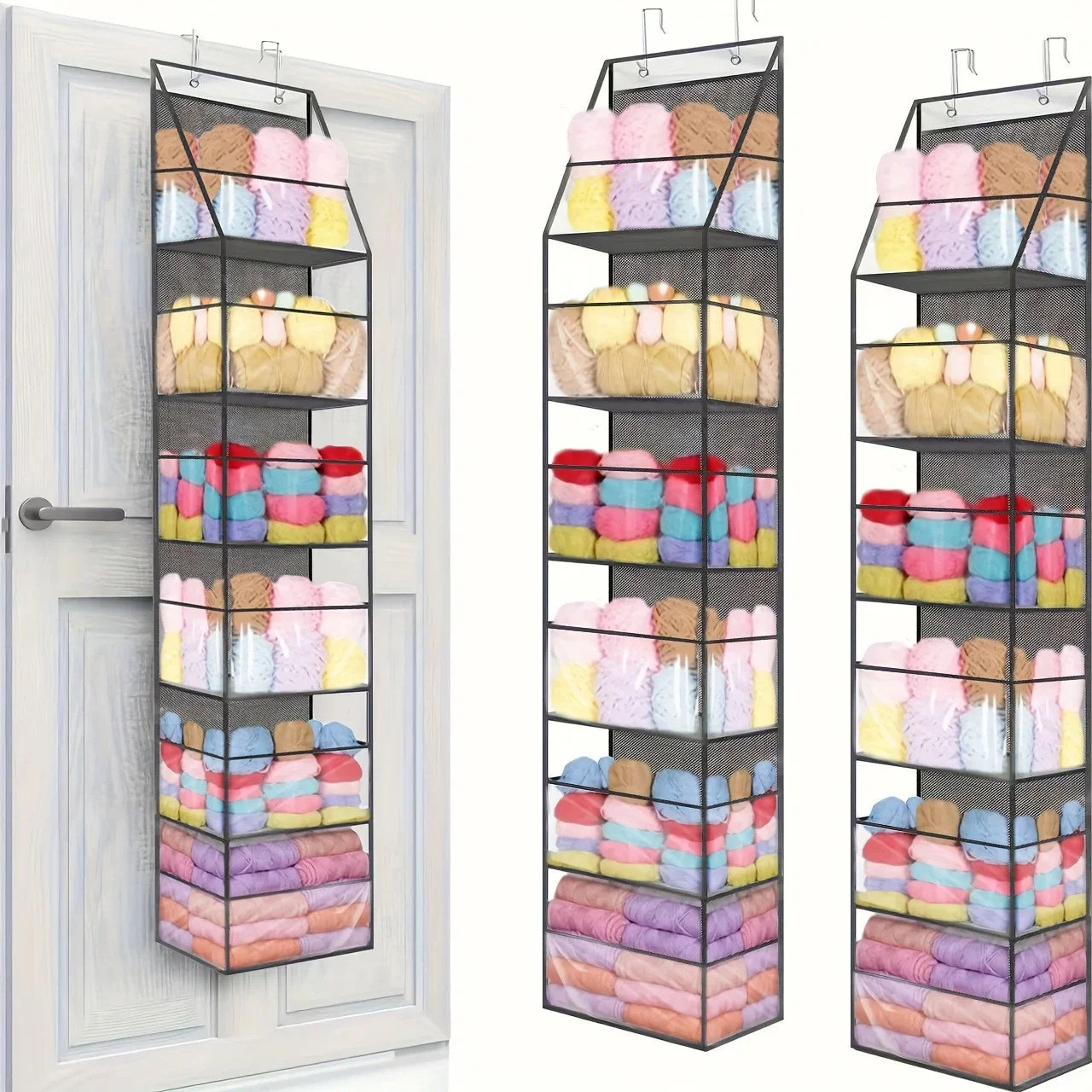 A Door-Mounted Yarn Storage Organizer Designed for Knitting And Crochet, Featuring 6 Transparent Plastic Bags And 2 Large Hooks
A Door-Mounted Yarn Storage Organizer Designed for Knitting And Crochet, Featuring 6 Transparent Plastic Bags And 2 Large Hooks
