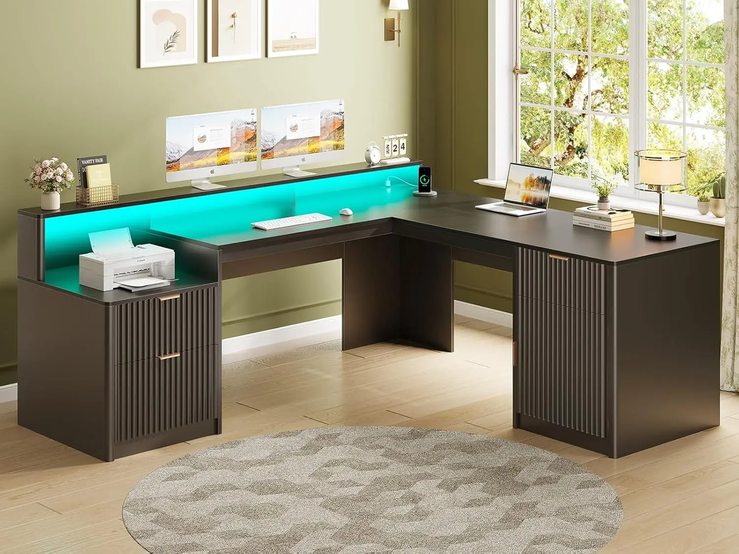 66" Modern L Shaped Desk with Drawers, Fluted Home Office Desk with File Cabinet & Printer Shelf, Wood Executive Desk with Monit
66" Modern L Shaped Desk with Drawers, Fluted Home Office Desk with File Cabinet & Printer Shelf, Wood Executive Desk with Monit