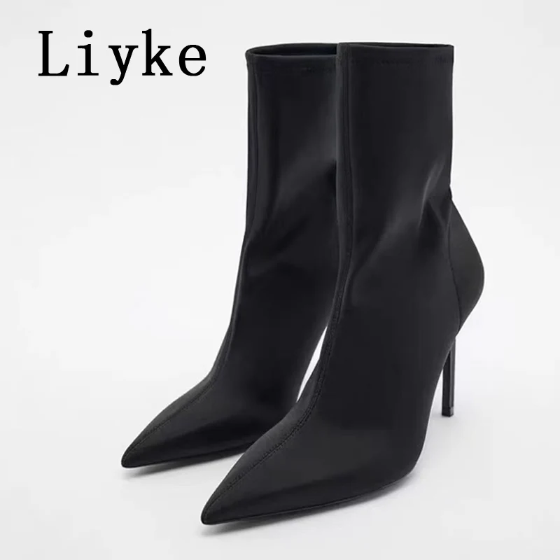 Liyke, размер 34–40, черные женские ботильоны из эластичной ткани, пикантные ботильоны на высоком каблуке с острым носком, модные женские носки, обувь 
Liyke, размер 34–40, черные женские ботильоны из эластичной ткани, пикантные ботильоны на высоком каблуке с острым носком, модные женские носки, обувь