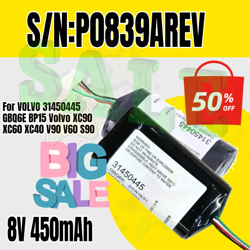 8V 450mAh 3.24Wh For VOLVO 31450445 GBQ6E BP15 Volvo XC90 XC60 XC40 V90 V60 S90 Replacement VCM Gateway S/N:P0839AREV
8V 450mAh 3.24Wh For VOLVO 31450445 GBQ6E BP15 Volvo XC90 XC60 XC40 V90 V60 S90 Replacement VCM Gateway S/N:P0839AREV