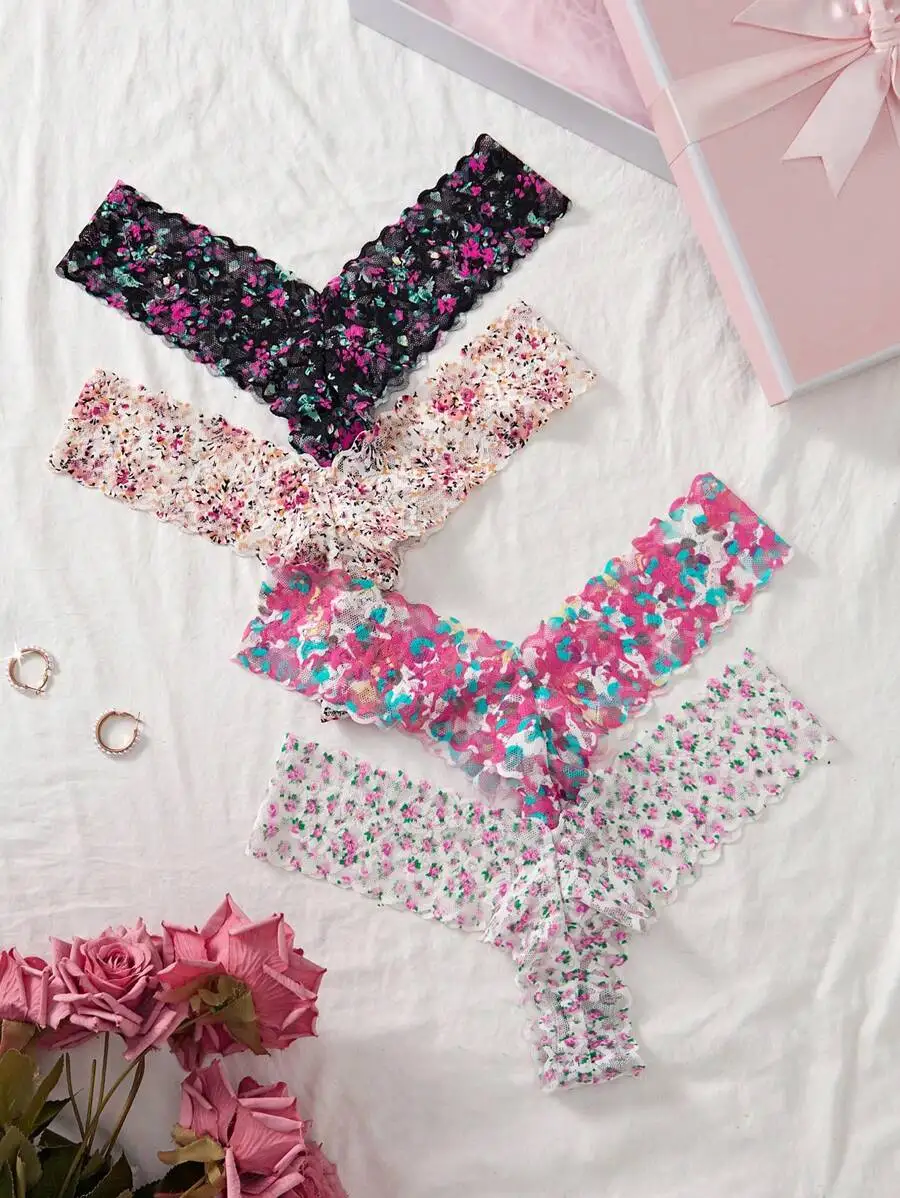 4pcs Floral Lace Deep V Thong Panties For Women
4pcs Floral Lace Deep V Thong Panties For Women