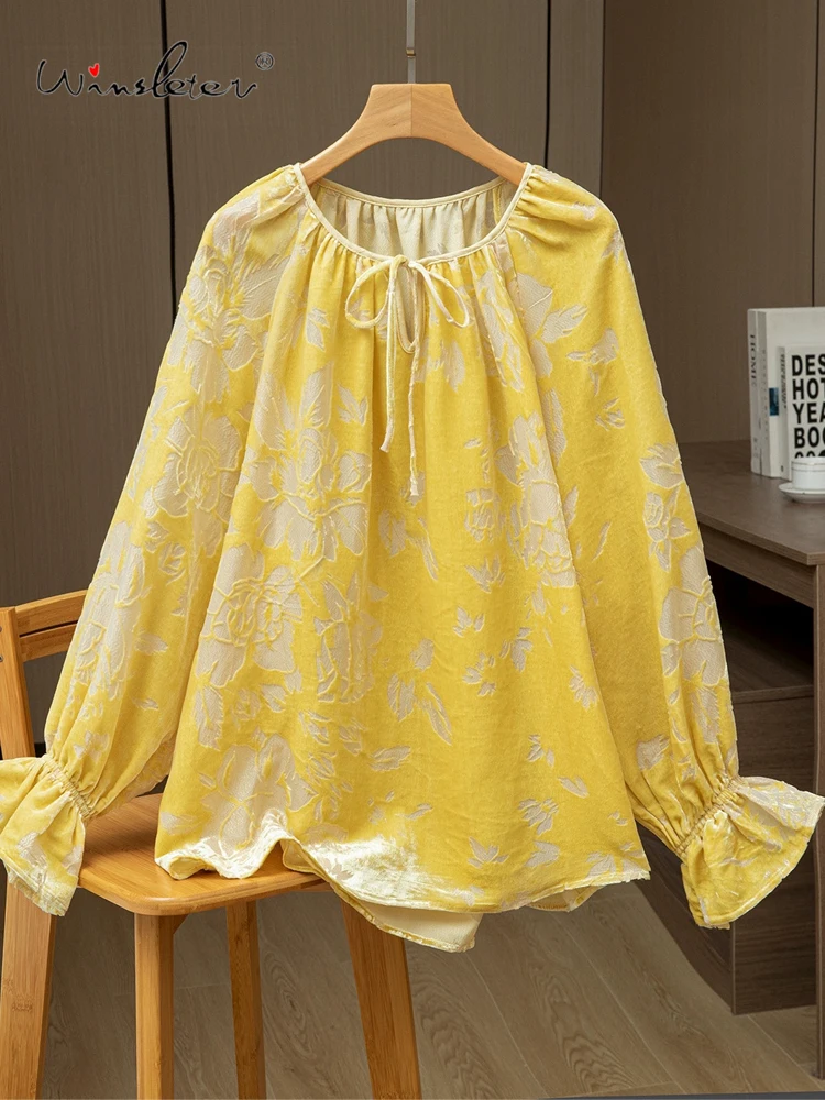 Winsleter-62,6% Шелковая элегантная бархатная футболка, рукав-фонарик на шнуровке с цветочным принтом, женский повседневный свободный топ в стиле ретро, осень 2023, T59035CC 
Winsleter-62,6% Шелковая элегантная бархатная футболка, рукав-фонарик на шнуровке с цветочным принтом, женский повседневный свободный топ в стиле ретро, осень 2023, T59035CC