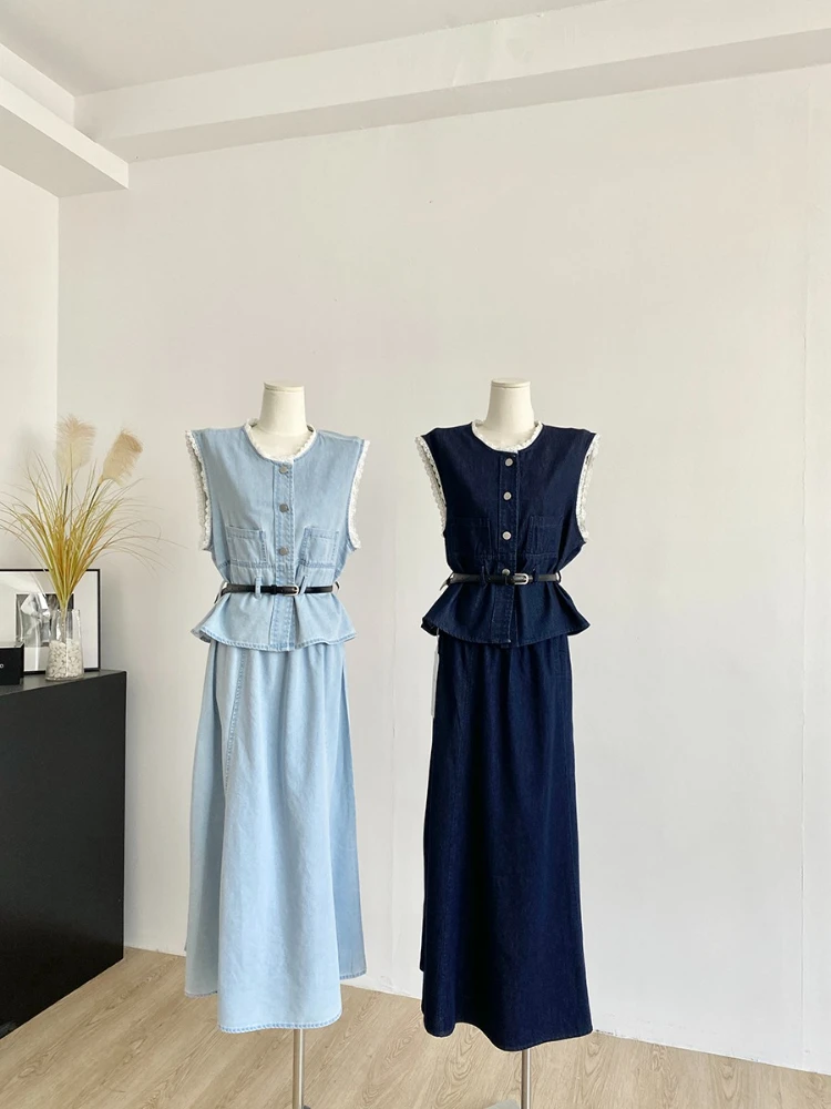 2025 Summer Collection Korean Style Lace Spliced Cowboy Jacket+Fashionable High Waist Wide Leg Long Dress Women's Set
2025 Summer Collection Korean Style Lace Spliced Cowboy Jacket+Fashionable High Waist Wide Leg Long Dress Women's Set