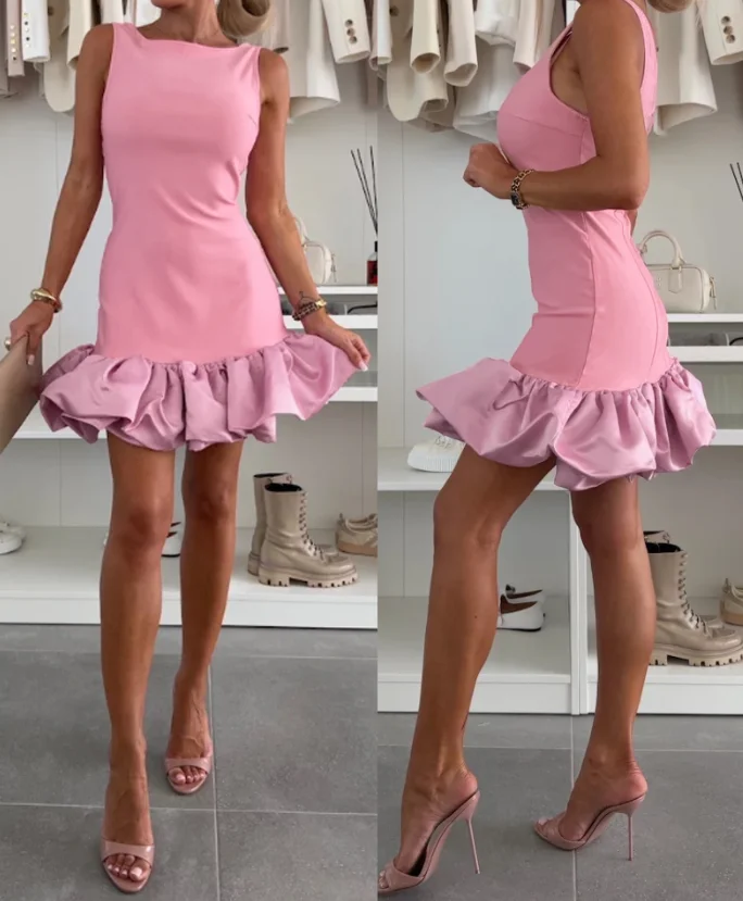 Sleeveless Ruffled Zipper Backless Slim Mini Dress Solid Color Round Neck Summer Fashion Waist Cinching Flower Bud Ruffled Dress
Sleeveless Ruffled Zipper Backless Slim Mini Dress Solid Color Round Neck Summer Fashion Waist Cinching Flower Bud Ruffled Dress