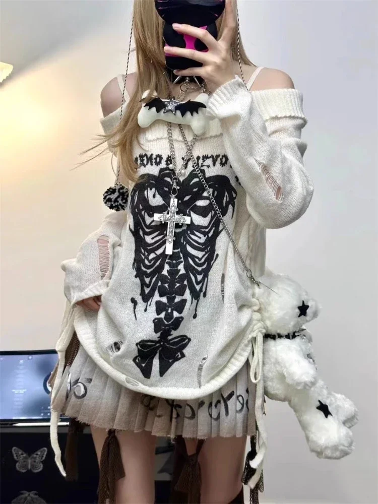 Japanese Off Shoulder Harajuku Sweater Y2k Women Gothic Punk Knitted Vintage Skull Jumpers Grunge Hollow Out Pullovers Kintwear
Japanese Off Shoulder Harajuku Sweater Y2k Women Gothic Punk Knitted Vintage Skull Jumpers Grunge Hollow Out Pullovers Kintwear