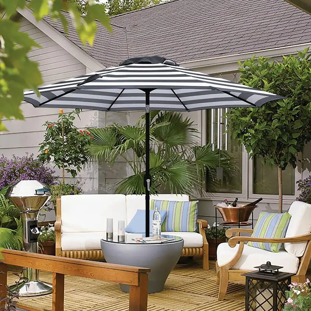 Black and White Stripe Outdoor Patio Umbrella with Push Button Tilt and Crank Handle
Black and White Stripe Outdoor Patio Umbrella with Push Button Tilt and Crank Handle