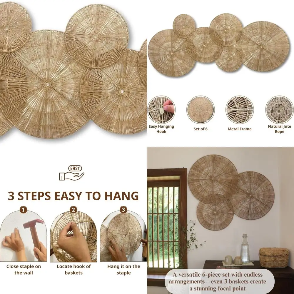6-Piece Wicker Wall Set, Jute Baskets, Bed-Top Woven Art, Bohemian Wall Plate with Metal Frame
6-Piece Wicker Wall Set, Jute Baskets, Bed-Top Woven Art, Bohemian Wall Plate with Metal Frame