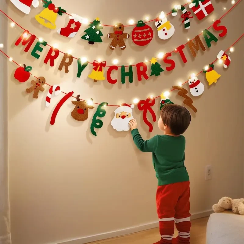 DIY Handmade Pull Flag Banner with LED Light String Merry Christmas Holiday Ornaments Home Room Background Christmas Decoration
DIY Handmade Pull Flag Banner with LED Light String Merry Christmas Holiday Ornaments Home Room Background Christmas Decoration