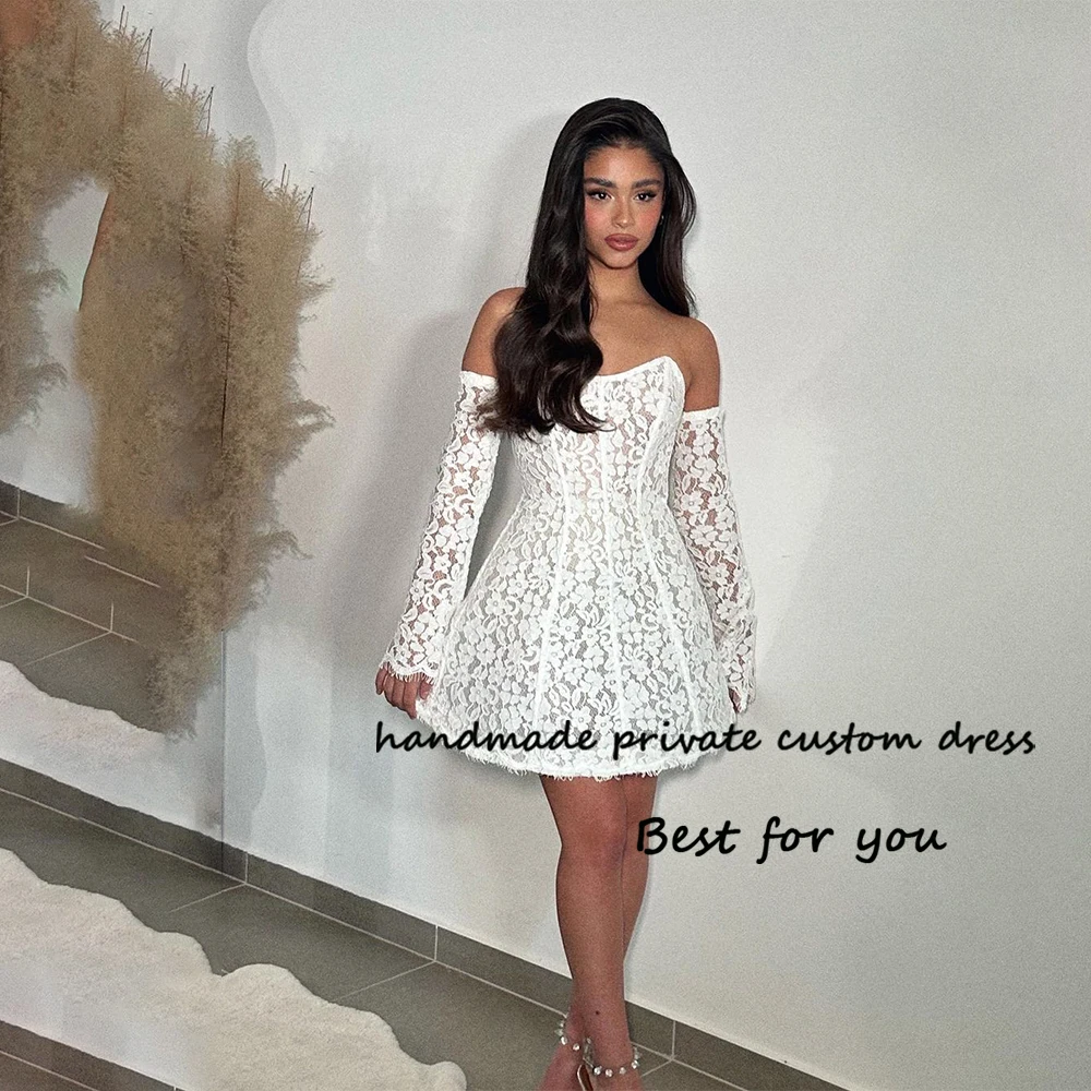 Short Wedding Dresses with Sleeve Lace Appliques Strapless A Line Bridal Gown Above Knee Beach Prom Party Dress Lace Up Back
Short Wedding Dresses with Sleeve Lace Appliques Strapless A Line Bridal Gown Above Knee Beach Prom Party Dress Lace Up Back