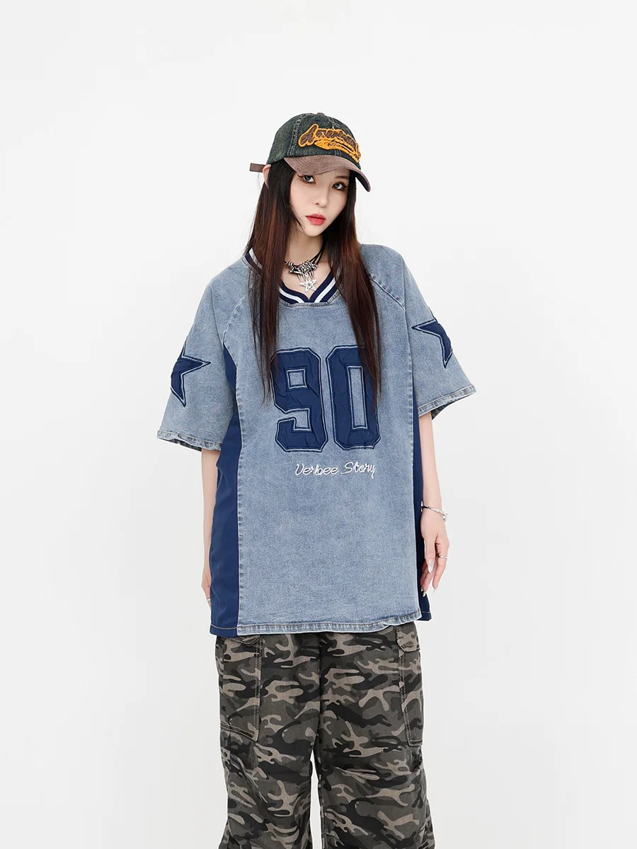 Loose American College Sle Women's T-irt ort Sve V-ne Denim Color Blo Star Print Street Sle Summer Top
Loose American College Sle Women's T-irt ort Sve V-ne Denim Color Blo Star Print Street Sle Summer Top