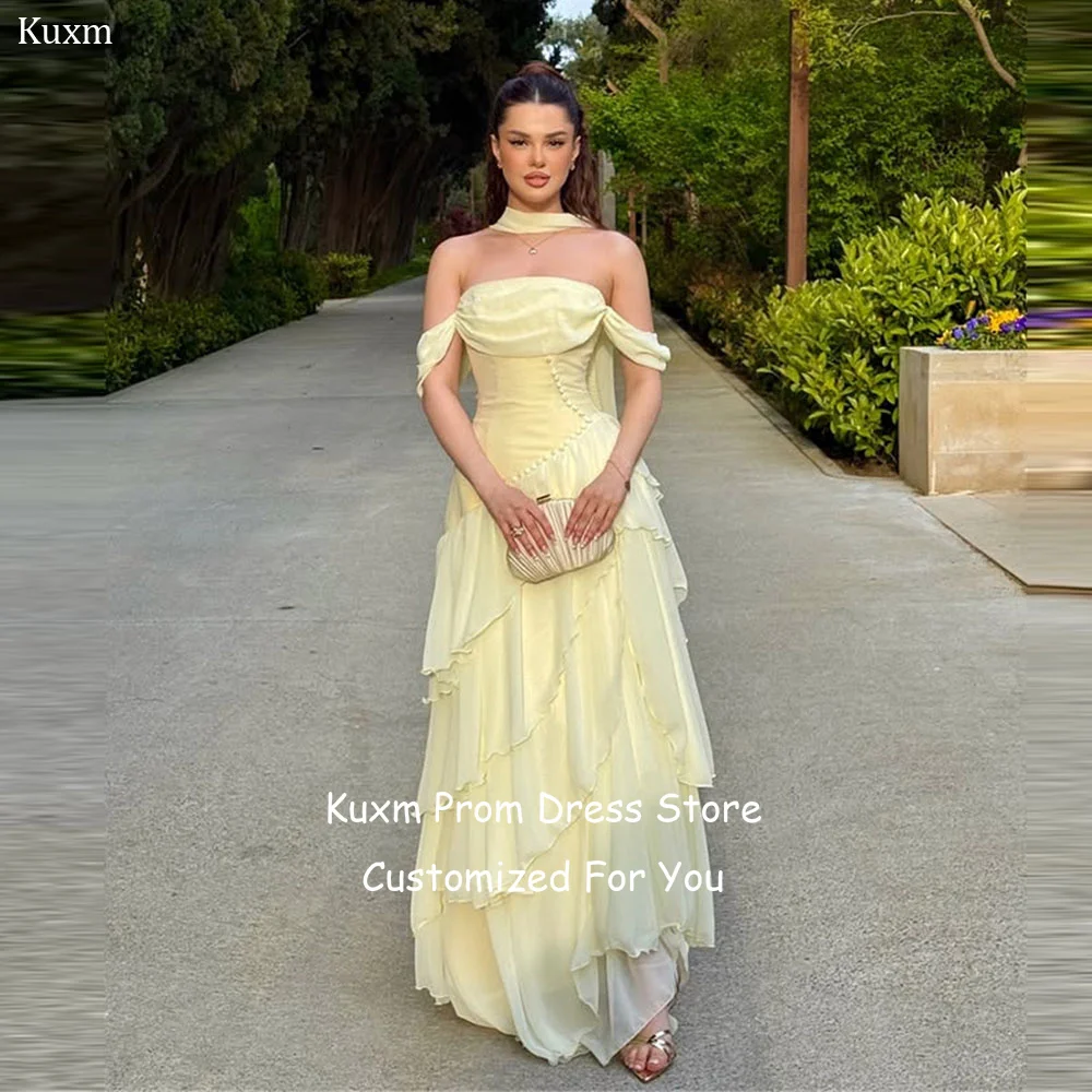 Kuxm Yellow Chiffon Evening Dresses Off The Shoulder Tiered Buttons Prom Gowns Floor Length High Slit Party Attire Customized
Kuxm Yellow Chiffon Evening Dresses Off The Shoulder Tiered Buttons Prom Gowns Floor Length High Slit Party Attire Customized