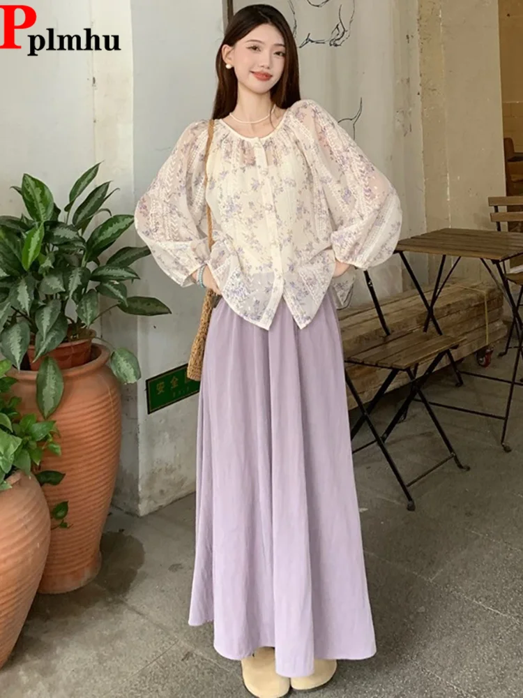 Spring Fall Thin Elegant 2 Piece Sets Women Print O-neck Single Breasted Tops Conjuntos Purple Elastic High Waist Skirts Outfit
Spring Fall Thin Elegant 2 Piece Sets Women Print O-neck Single Breasted Tops Conjuntos Purple Elastic High Waist Skirts Outfit