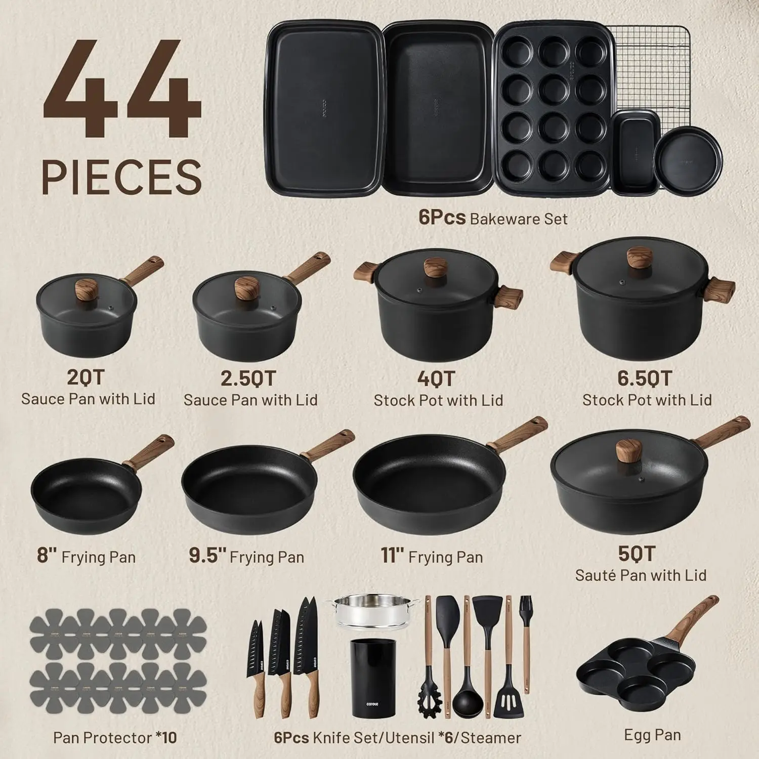 44pcs Nonstick Kitchen Titanium Cookware Sets, Nonstick Pots and Pans, Induction Cookware Set Kitchen Cooking Sets, Non Stick w/
44pcs Nonstick Kitchen Titanium Cookware Sets, Nonstick Pots and Pans, Induction Cookware Set Kitchen Cooking Sets, Non Stick w/
