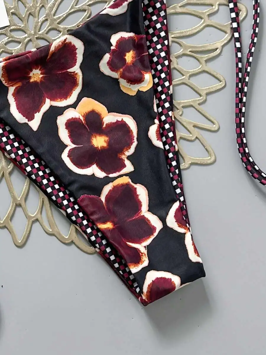 Black Base Burgundy Floral Triangle Bikini With Removable Red-White Checkered Tie Straps For Beach, Pool, Cruise, Summer
Black Base Burgundy Floral Triangle Bikini With Removable Red-White Checkered Tie Straps For Beach, Pool, Cruise, Summer