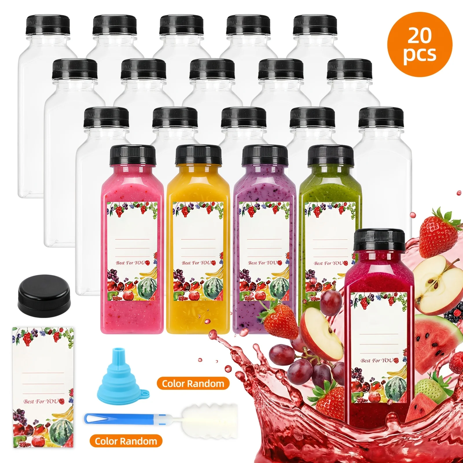 us20pcs/36pcs/56pcs/100pcs Juice Bottles, 12/16oz Plastic Bottles With Lids, Reusable Clear Containers For Juice, Smoothies, Cola, Water And Other Beverages, Summer. Funnel & Brush (Color Random).d
us20pcs/36pcs/56pcs/100pcs Juice Bottles, 12/16oz Plastic Bottles With Lids, Reusable Clear Containers For Juice, Smoothies, Cola, Water And Other Beverages, Summer. Funnel & Brush (Color Random).d