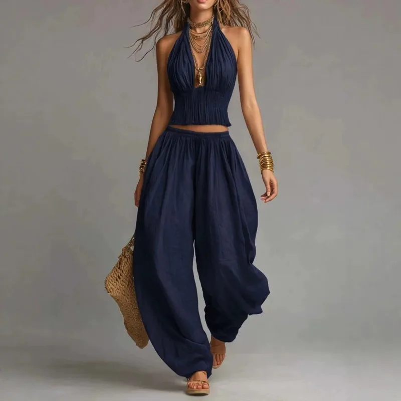 Summer Women Fold the waist 2PCS Boho Outfit Halter Neck Crop Top+Wide Leg Pants Set Casual Summer Beach Linen Matching Sets
Summer Women Fold the waist 2PCS Boho Outfit Halter Neck Crop Top+Wide Leg Pants Set Casual Summer Beach Linen Matching Sets