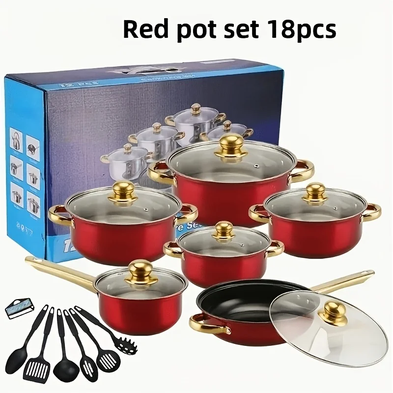18pcs Red Stainless Steel Cookware Set, Including 6 Pots And 6 Lids And 6 Ladle Set, Non-Stick Cookware Set, Frying Pan, Skillet, Stew Pot, Multi-Functional, Stylish, Durable, Suitable for Induction Cookers, Mother'S Day Gifts, Holiday Gifts
18pcs Red Stainless Steel Cookware Set, Including 6 Pots And 6 Lids And 6 Ladle Set, Non-Stick Cookware Set, Frying Pan, Skillet, Stew Pot, Multi-Functional, Stylish, Durable, Suitable for Induction Cookers, Mother'S Day Gifts, Holiday Gifts