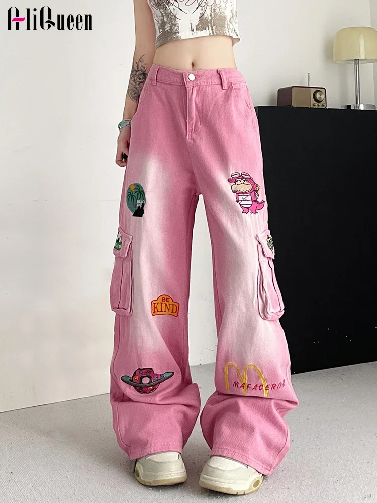 Women Retro Sweet Hot Girl Cartoon Embroidery Denim Pants Summer Female Casual Loose Straight Leg Mop Jeans Female Clothes
Women Retro Sweet Hot Girl Cartoon Embroidery Denim Pants Summer Female Casual Loose Straight Leg Mop Jeans Female Clothes