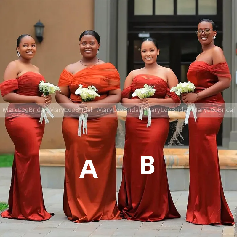 African Women Rust Satin Bridesmaid Dresses with Off the Shoulder Tulle Strap Bride Maid of Honor Dress Customized vestido festa
African Women Rust Satin Bridesmaid Dresses with Off the Shoulder Tulle Strap Bride Maid of Honor Dress Customized vestido festa