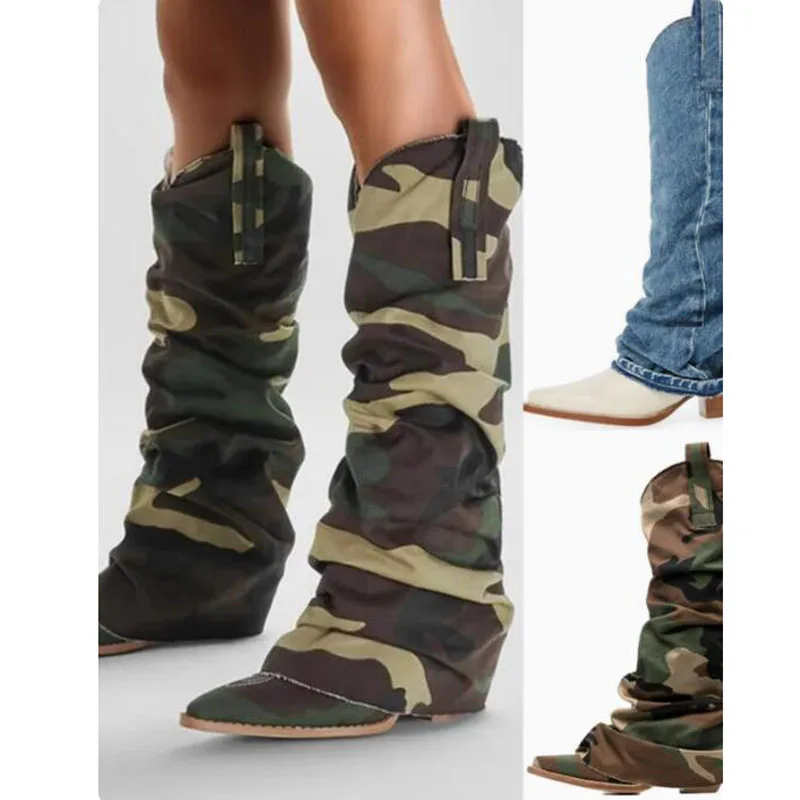 Camouflage Denim wooden Heel Pile Boots Woman Blue Rose Embroidery Pointed Toe Knee-High Wrinkled Boots Chunky Heel Knight Boot
Camouflage Denim wooden Heel Pile Boots Woman Blue Rose Embroidery Pointed Toe Knee-High Wrinkled Boots Chunky Heel Knight Boot