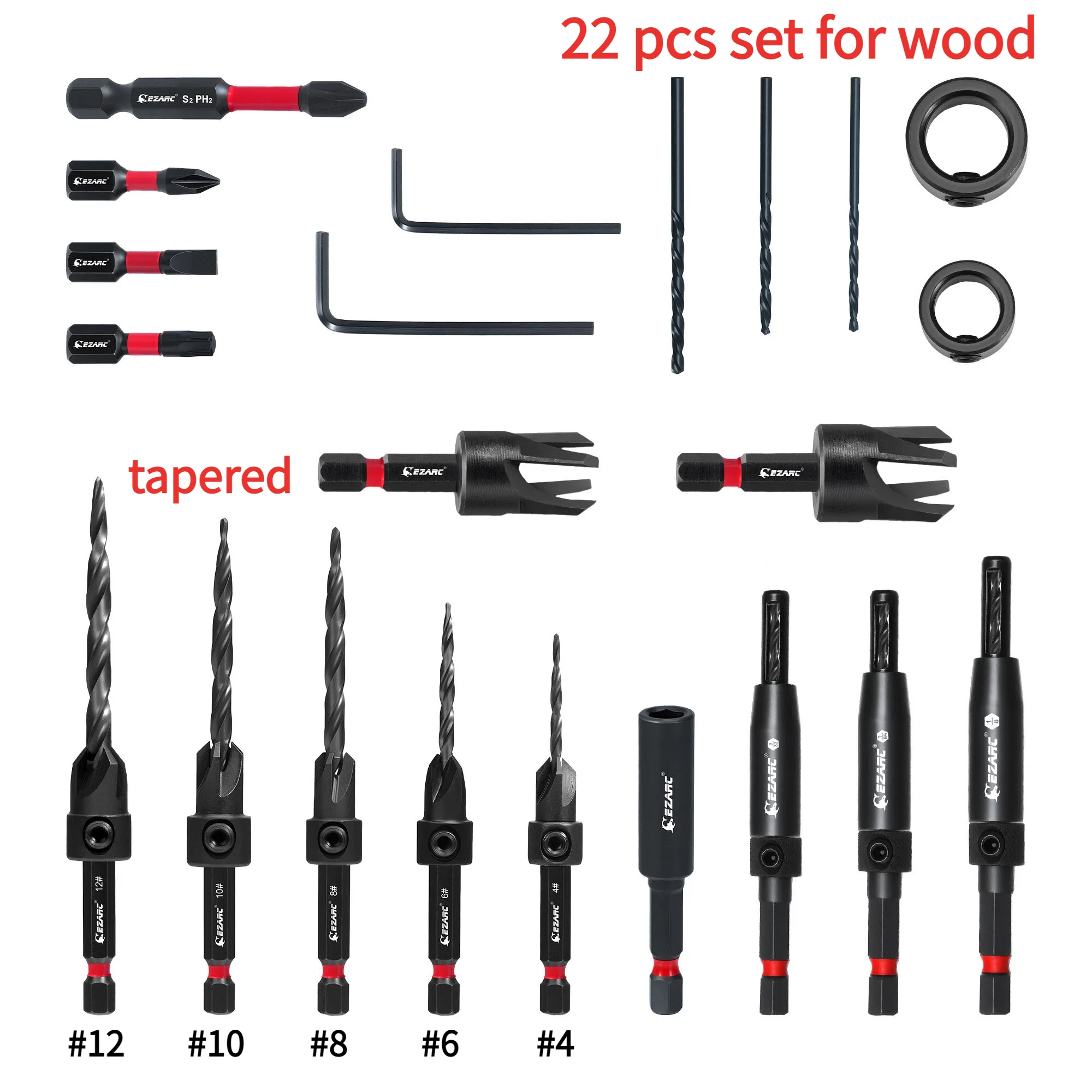 EZARC 22PCS Countersink Drill Bit Set for Wood, Counter Sink Drill Bit with Self Centering Drill, 1/4" Hex Shank & Storage Box
EZARC 22PCS Countersink Drill Bit Set for Wood, Counter Sink Drill Bit with Self Centering Drill, 1/4" Hex Shank & Storage Box