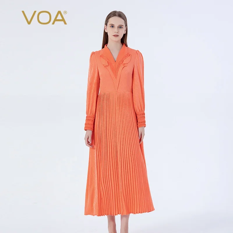 VOA Silk Jacquard 22 Momme Orange V-neck Tuck Contrast Material Georgette Elegant Lady Long Sleeve Dress AE2252
VOA Silk Jacquard 22 Momme Orange V-neck Tuck Contrast Material Georgette Elegant Lady Long Sleeve Dress AE2252