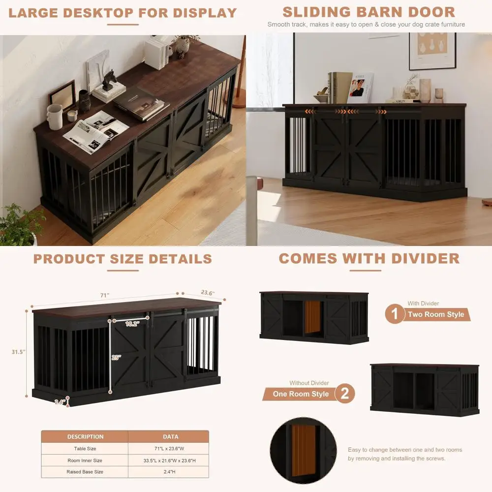 Indoor Wooden Dog Crate with Room Divider and 2 Sliding Doors - 71x23.6x32H, Black
Indoor Wooden Dog Crate with Room Divider and 2 Sliding Doors - 71x23.6x32H, Black