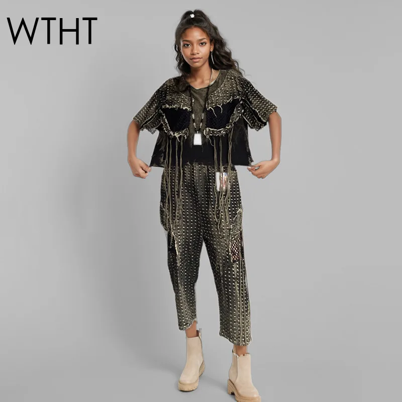 WTHT New Trendy Women's Suits Spliced Tassel Hole T-shirt High Waist Loose Denim Harem Pants Set Female 2025 Spring 1LS1114
WTHT New Trendy Women's Suits Spliced Tassel Hole T-shirt High Waist Loose Denim Harem Pants Set Female 2025 Spring 1LS1114