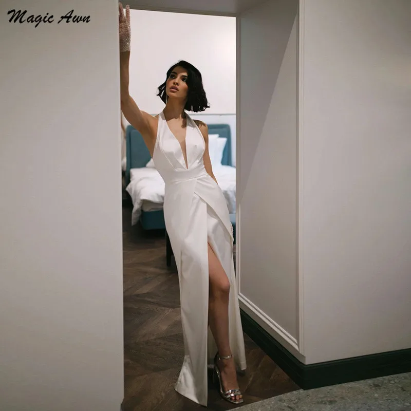 Magic Awn Vintage Halter Wedding Dresses Thigh Slit Backless Satin Simple White Bridal Gowns For Women Floor Length Robe Mariee
Magic Awn Vintage Halter Wedding Dresses Thigh Slit Backless Satin Simple White Bridal Gowns For Women Floor Length Robe Mariee