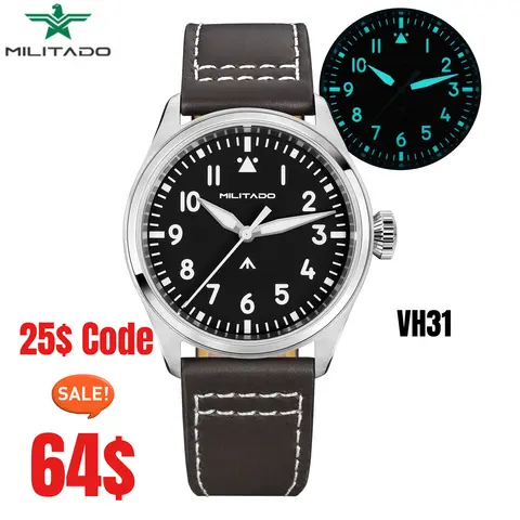 Militado ML21 Sapphire Watch VH31 Sweep/Swiss Ronda 515 Quartz Watch 37mm BGW9 Lume 100m Water Resistant Genuine Leather Strap