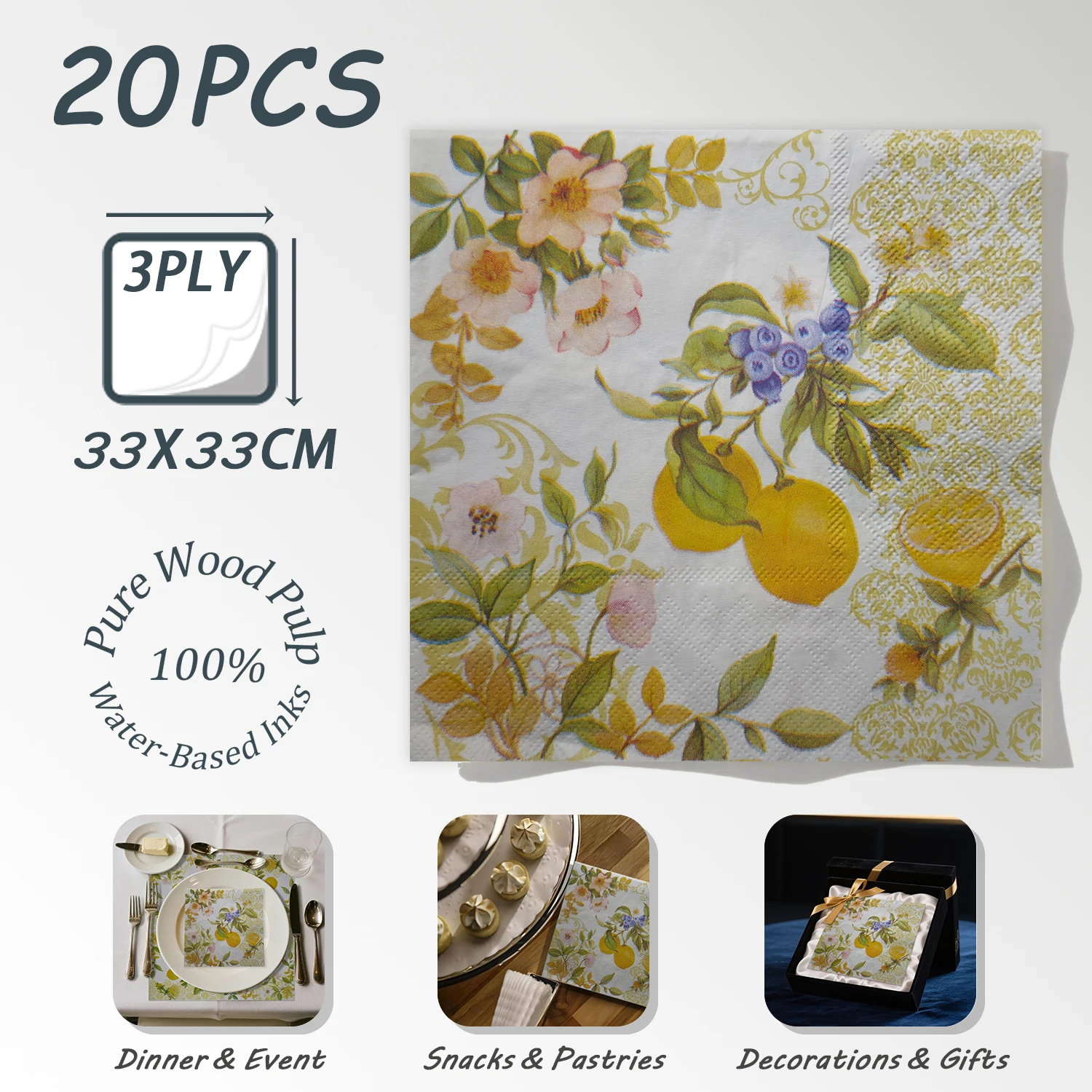 20pcs Bright Lemon Floral Paper Napkin Pure Wood Pulp 33x33cm-3ply Bridal Shower Decoupage Napkins
20pcs Bright Lemon Floral Paper Napkin Pure Wood Pulp 33x33cm-3ply Bridal Shower Decoupage Napkins