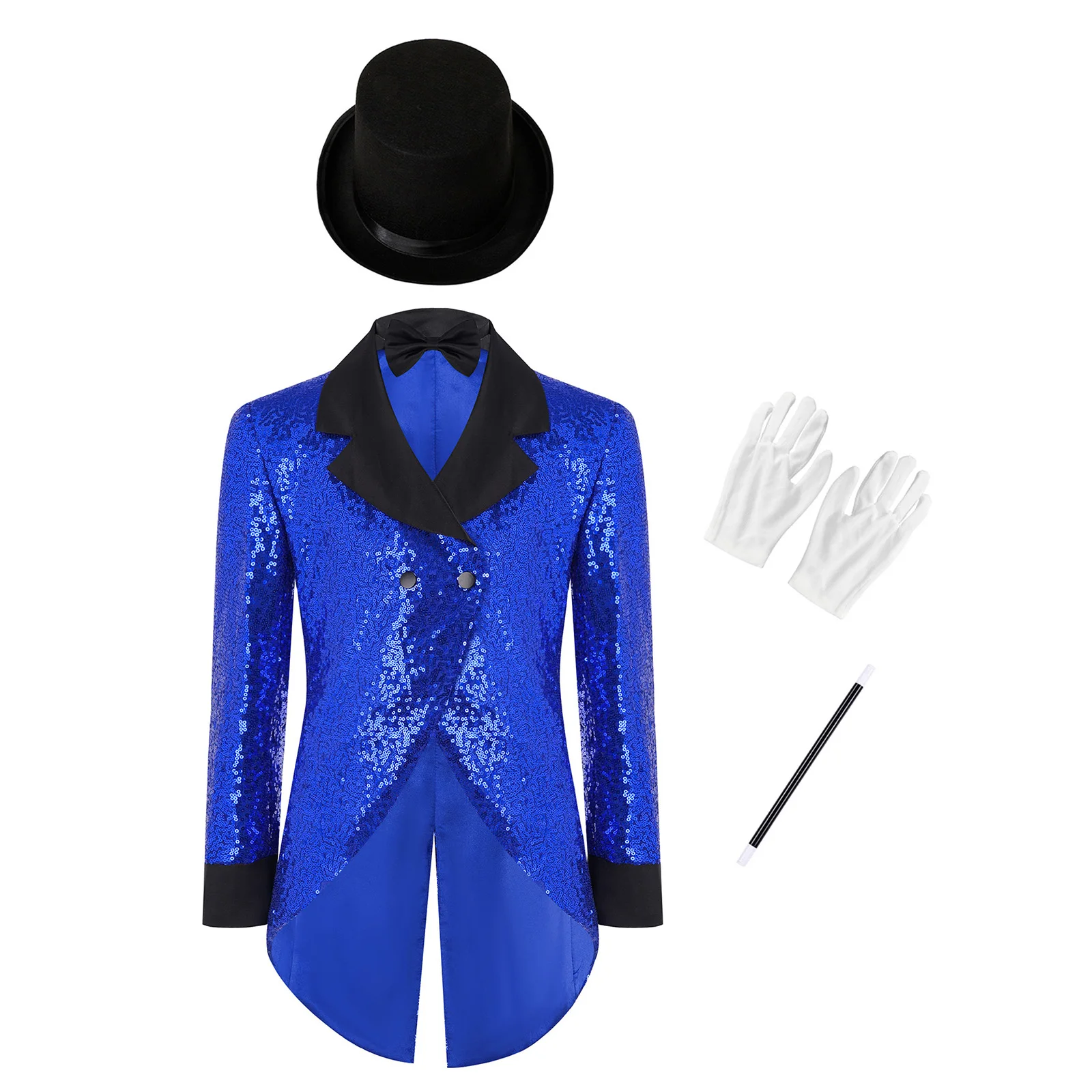 Sequin Tailcoat Magician Costume for Kids Boys Long Sleeve Double Breasted Jacket with Bowtie Hat Gloves Wands Jazz Dance Outfit
Sequin Tailcoat Magician Costume for Kids Boys Long Sleeve Double Breasted Jacket with Bowtie Hat Gloves Wands Jazz Dance Outfit