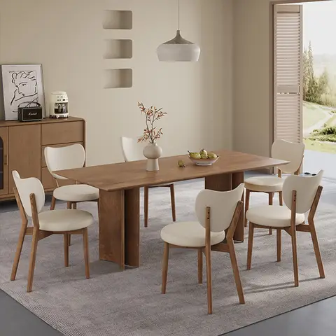 Retro Wood Dining Chair with Curved Backrest Comfort Soft Leather Seat Dinner Chair for Kitchen Modern Simple Cafe Table Chairs