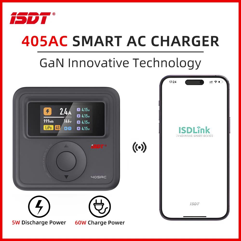 ISDT 405AC 60W Smart Charger GaN Battery Charger AC 100~240V lPS Screen APP Control For LiFe LiHv LiPo 1~4SPb 1~7S NiMH/Cd 1~12S
ISDT 405AC 60W Smart Charger GaN Battery Charger AC 100~240V lPS Screen APP Control For LiFe LiHv LiPo 1~4SPb 1~7S NiMH/Cd 1~12S