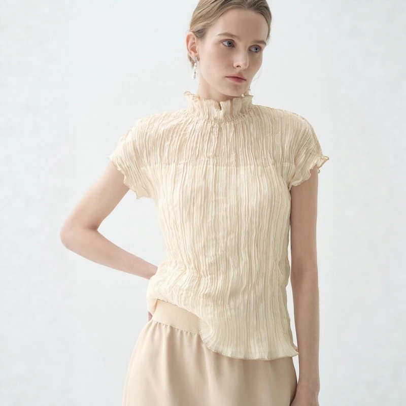Korean Style Commute Short Sleeve Shirt Stand Collar Pleated Elastic Texture Women's Slim Fit Blouse Fashionable Wood Grain
Korean Style Commute Short Sleeve Shirt Stand Collar Pleated Elastic Texture Women's Slim Fit Blouse Fashionable Wood Grain