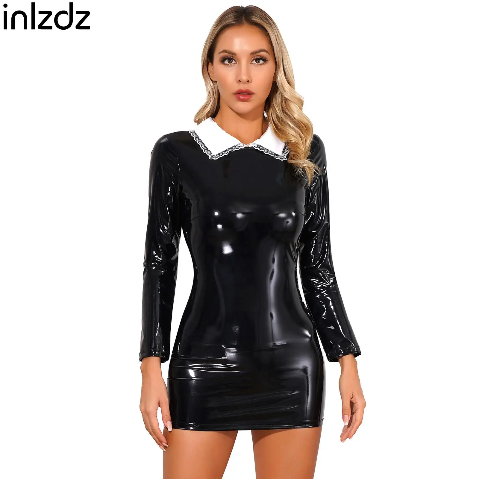 Womens Female Glossy Patent Leather Mini Dress Long Sleeve Bodycon Dress Tempating Clubwear Punk Carnival Dancing Party Costumes
Womens Female Glossy Patent Leather Mini Dress Long Sleeve Bodycon Dress Tempating Clubwear Punk Carnival Dancing Party Costumes