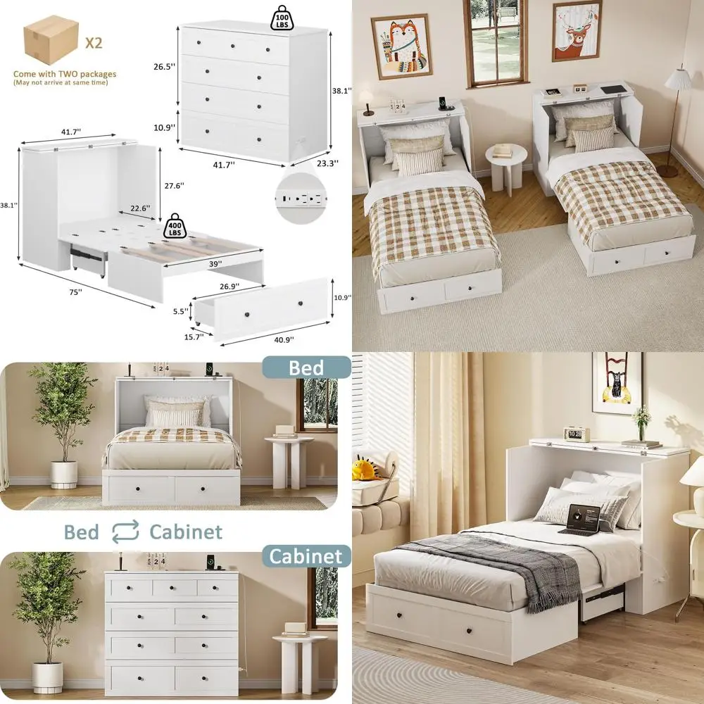 Twin Murphy Bed with Built-in Charging Station, Space-Saving Murphy Bed Chest Twin with Drawer, Foldable, for Home Office Guest
Twin Murphy Bed with Built-in Charging Station, Space-Saving Murphy Bed Chest Twin with Drawer, Foldable, for Home Office Guest