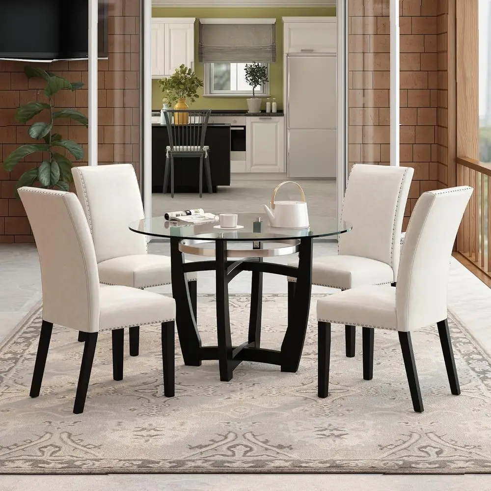 48 Round Tempered Glass Dining Table with 4 Leather Chairs, Ivory White Set
48 Round Tempered Glass Dining Table with 4 Leather Chairs, Ivory White Set