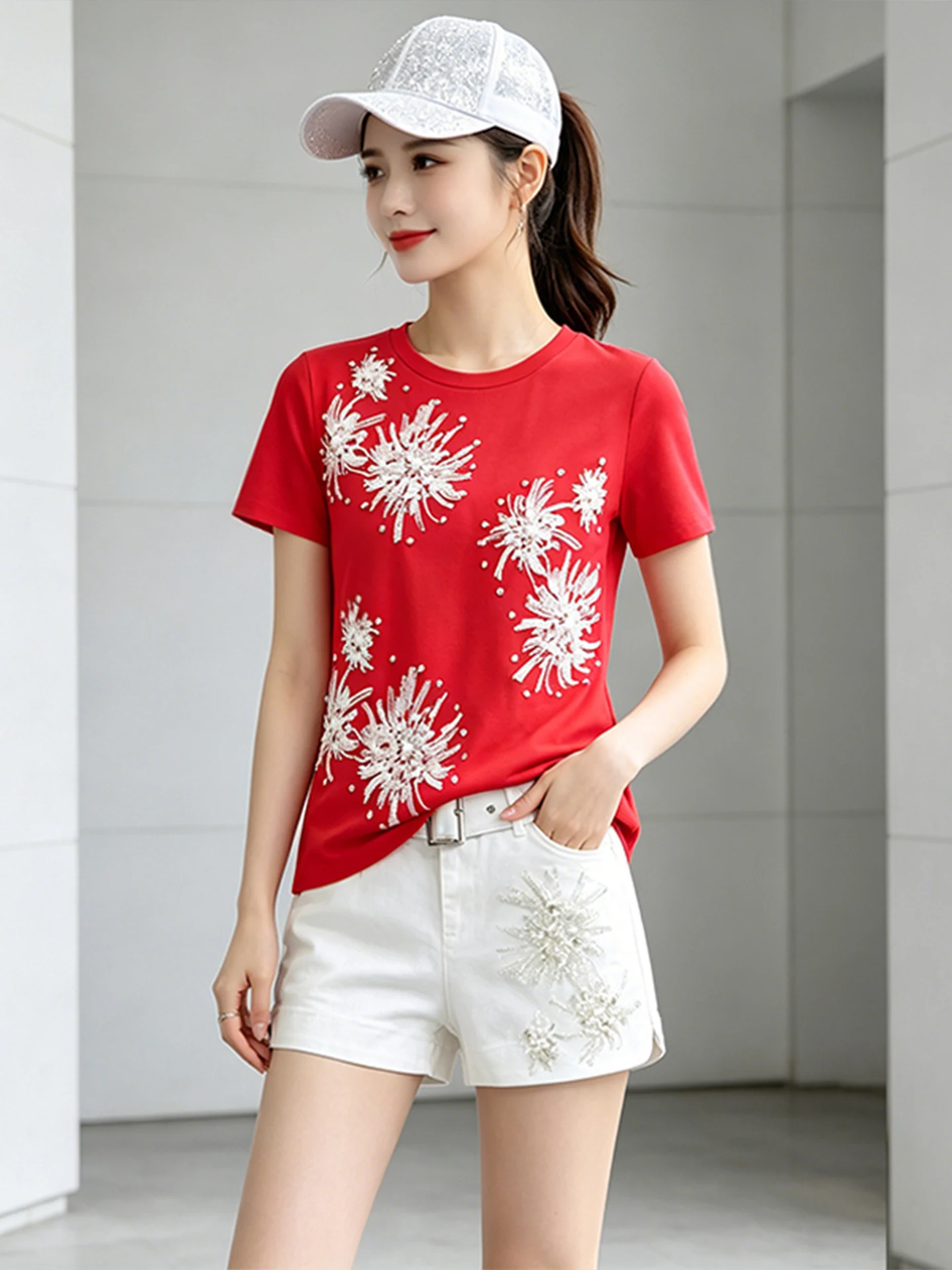 Summer Short Sleeve Outfit Women's 2026 New Flower Sequin Embellished Slim Fit Korean Style Top Large Size Wide Leg Shorts
Summer Short Sleeve Outfit Women's 2026 New Flower Sequin Embellished Slim Fit Korean Style Top Large Size Wide Leg Shorts