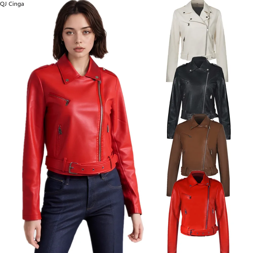 Bright Red Women's Long-sleeve PU Jacket with Lapel Collar, Black Short Faux Leather Coat, Available in Dark Brown or Beige.
Bright Red Women's Long-sleeve PU Jacket with Lapel Collar, Black Short Faux Leather Coat, Available in Dark Brown or Beige.