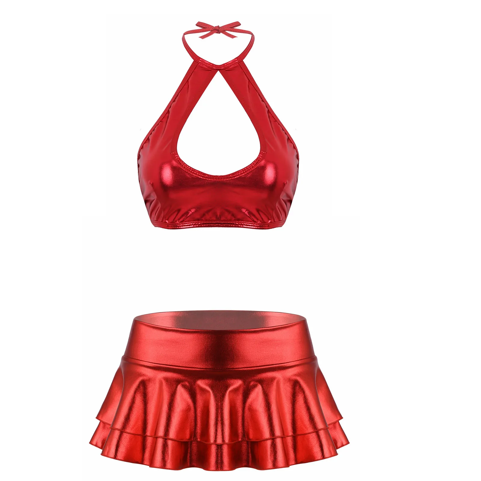Womens Metallic Faux Leather Cheerleading Uniform Costume CheerDancewear Strappy Crop Tops Vest Double Layered Ruffle Mini Skirt
Womens Metallic Faux Leather Cheerleading Uniform Costume CheerDancewear Strappy Crop Tops Vest Double Layered Ruffle Mini Skirt