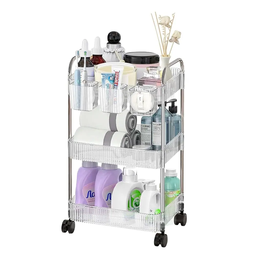 3 Tier Rolling Cart With Hanging Basket, Easy Assembly Acrylic Storage Carts With Lockable Wheels, Utility Cart Storage
3 Tier Rolling Cart With Hanging Basket, Easy Assembly Acrylic Storage Carts With Lockable Wheels, Utility Cart Storage