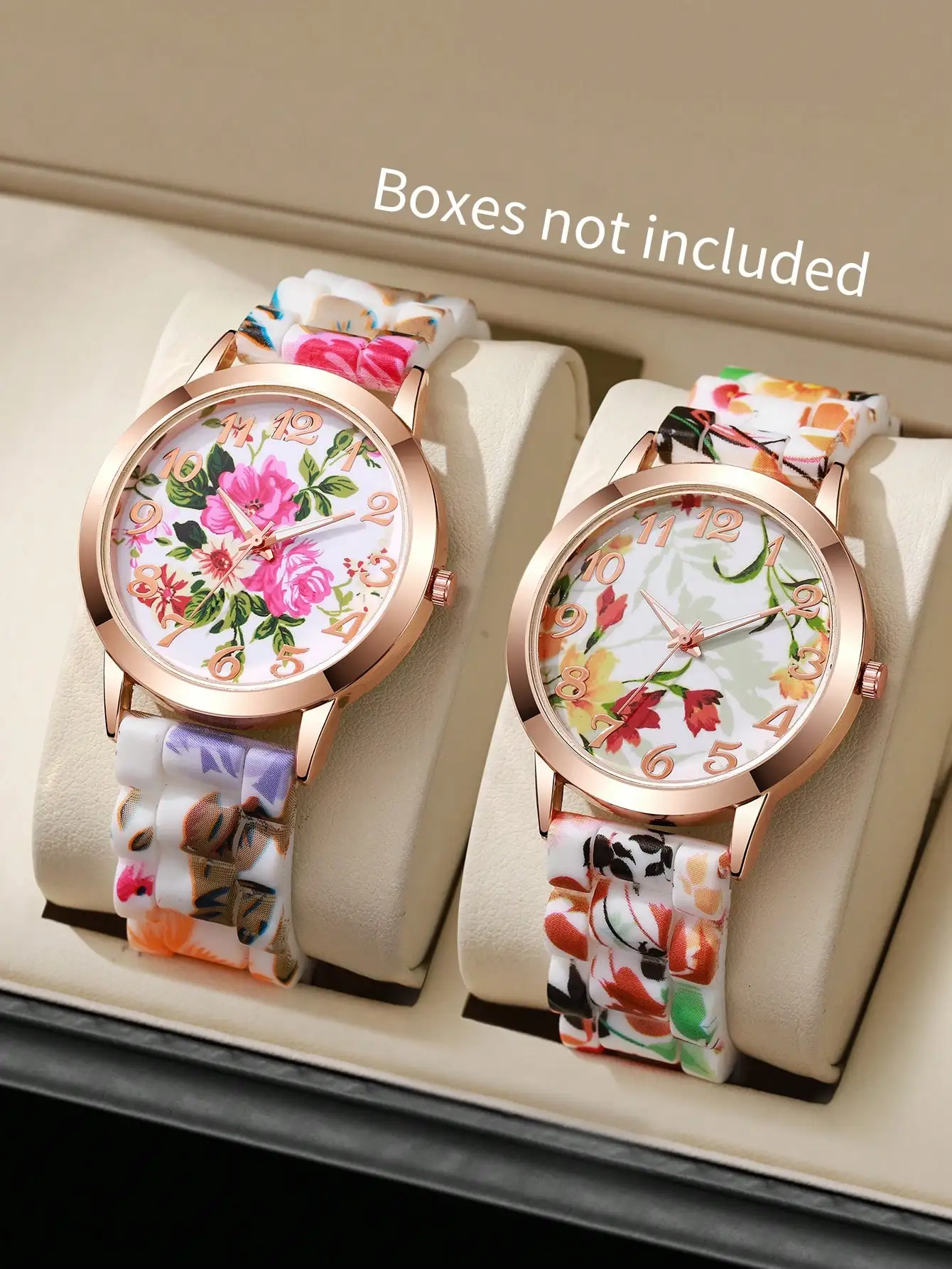 Набор из 2 женских кварцевых часов с силиконовым ремешком и цветочным принтом цвета розового золота, повседневный стиль
Набор из 2 женских кварцевых часов с силиконовым ремешком и цветочным принтом цвета розового золота, повседневный стиль