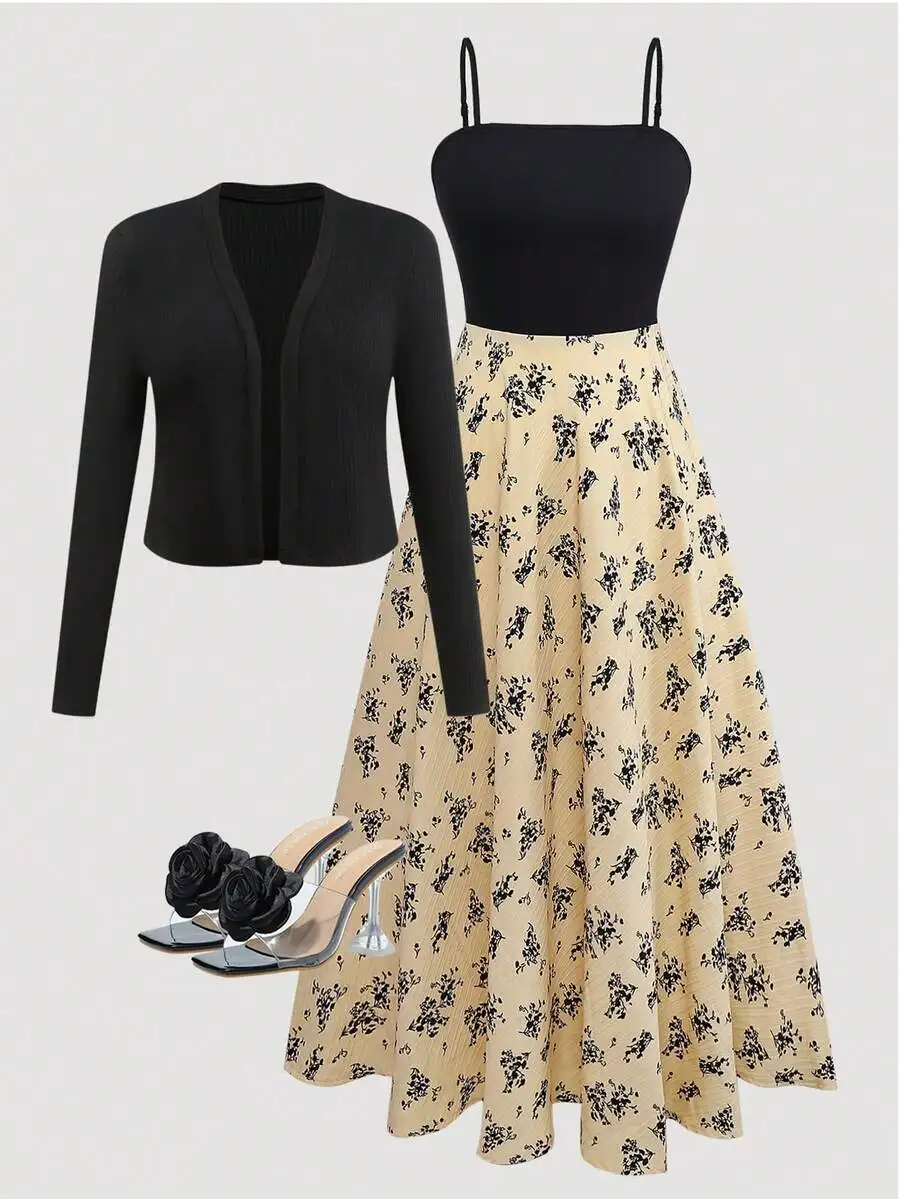 Женское платье А-силуэта с цветочным принтом и вязаным кардиганом, элегантный комплект с тонкими бретелями
Женское платье А-силуэта с цветочным принтом и вязаным кардиганом, элегантный комплект с тонкими бретелями