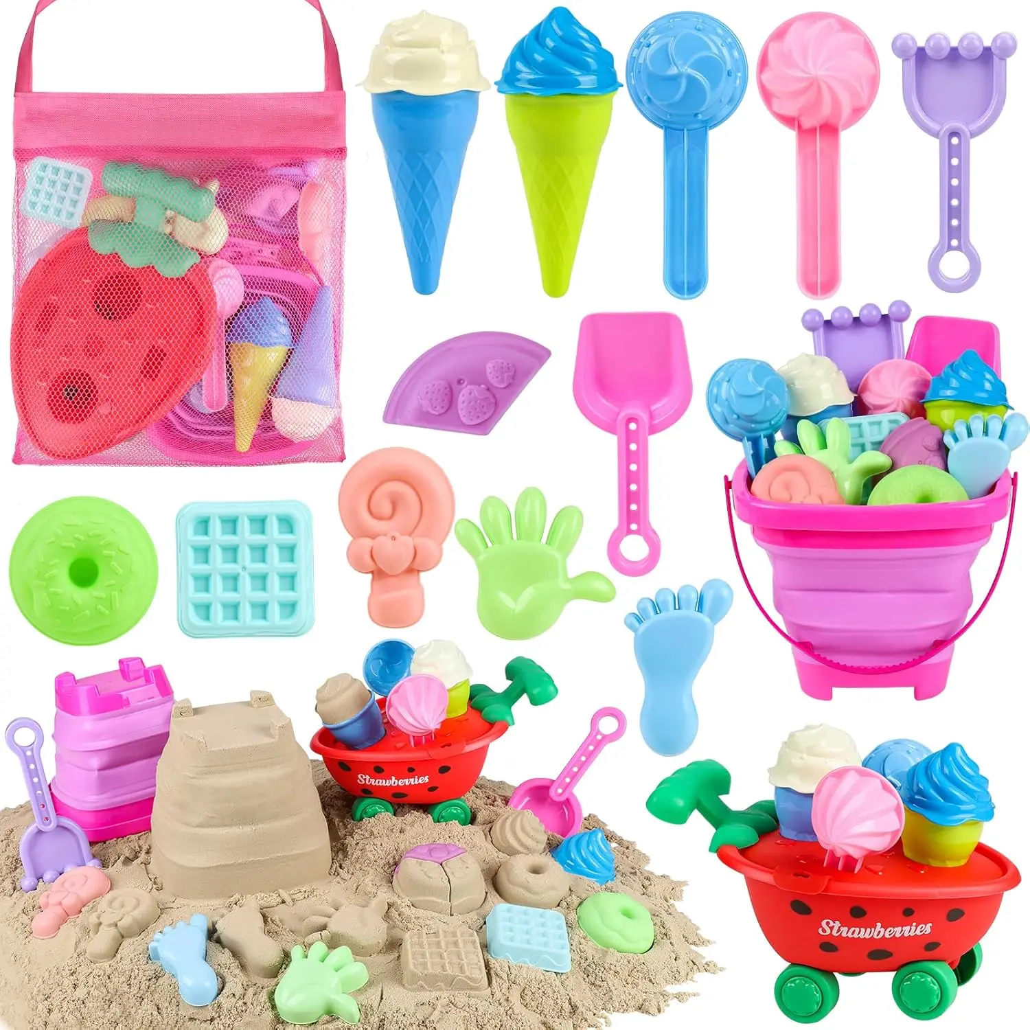Ice Cream Sand Toys Set with Collapsible Bucket, Scoops, Molds & Mesh Bag, Summer Outdoor Travel for Toddlers 3-5
Ice Cream Sand Toys Set with Collapsible Bucket, Scoops, Molds & Mesh Bag, Summer Outdoor Travel for Toddlers 3-5