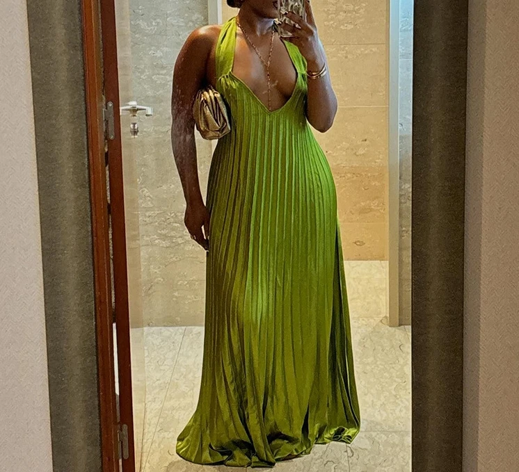Elegant Party Dresses Woman Noble Dignified V-Neck Hanging Neck Tie Backless Sleeveless Pleated Sexy Dress Elegant Evening Gown
Elegant Party Dresses Woman Noble Dignified V-Neck Hanging Neck Tie Backless Sleeveless Pleated Sexy Dress Elegant Evening Gown