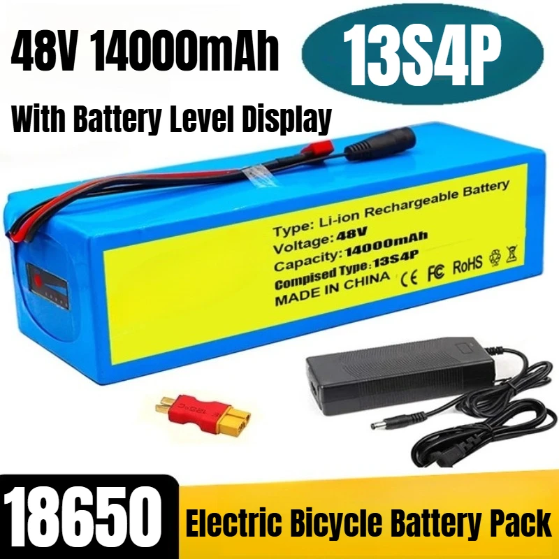 13S4P 48V 14000mAh 18650 Electric Bicycle Battery Pack with Battery Level Display
13S4P 48V 14000mAh 18650 Electric Bicycle Battery Pack with Battery Level Display