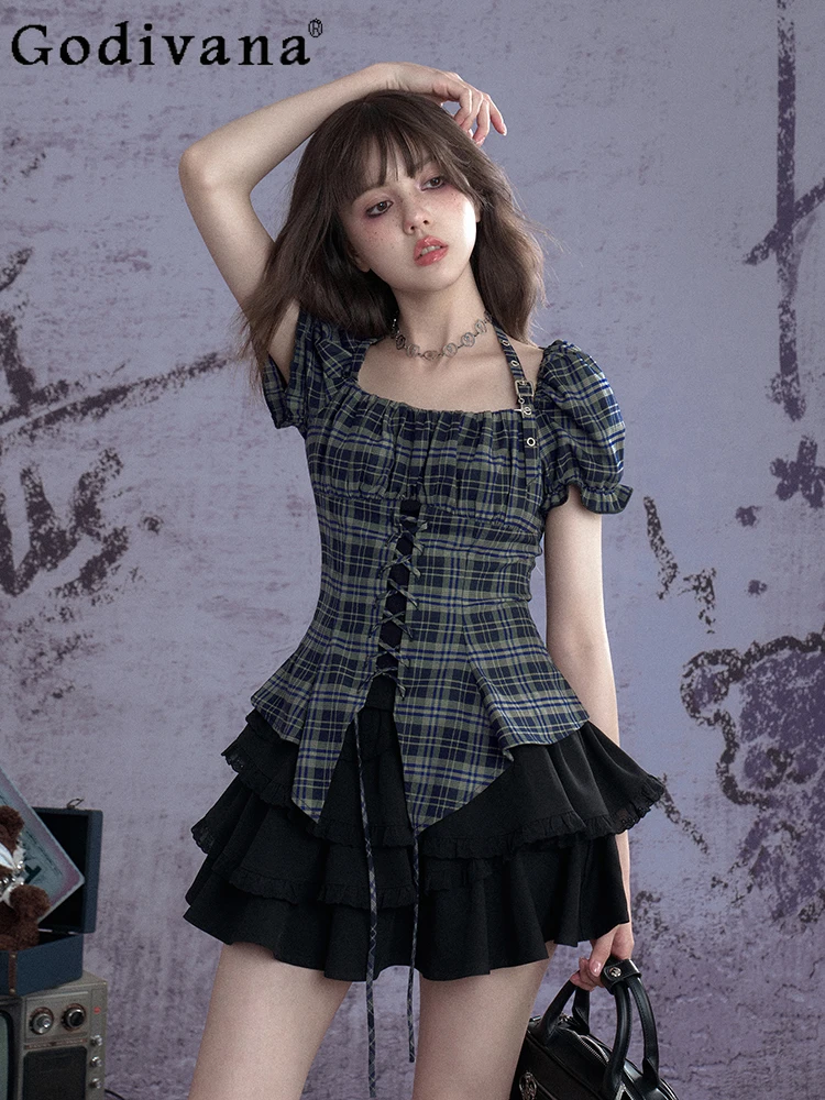Summer New Retro Green Plaid Halter Neck Irregular Versatile Shirt Cute Girl Lace-up Puff Sleeve Square Collar Age Reduction Top
Summer New Retro Green Plaid Halter Neck Irregular Versatile Shirt Cute Girl Lace-up Puff Sleeve Square Collar Age Reduction Top