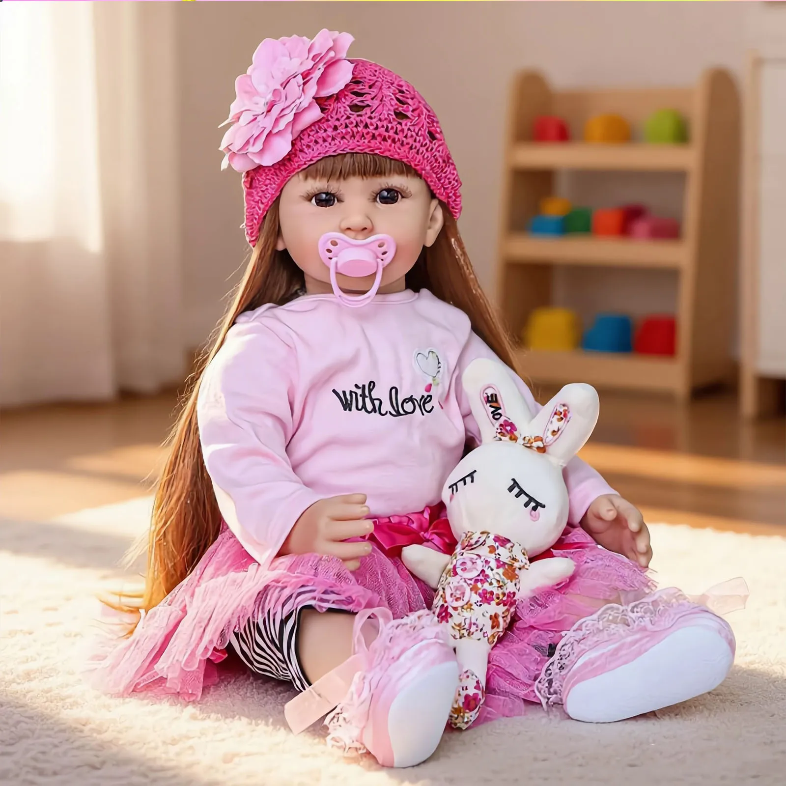 22" Realistic Reborn Baby Doll - Lifelike Toddler Girl with Cute Pink "With Love" Outfit, Flower Knit Hat & Plush Bunny Companion, Handmade Reborn Doll with Pacifier for Kids 3+, Ideal Birthday/Christmas Gift
22" Realistic Reborn Baby Doll - Lifelike Toddler Girl with Cute Pink "With Love" Outfit, Flower Knit Hat & Plush Bunny Companion, Handmade Reborn Doll with Pacifier for Kids 3+, Ideal Birthday/Christmas Gift