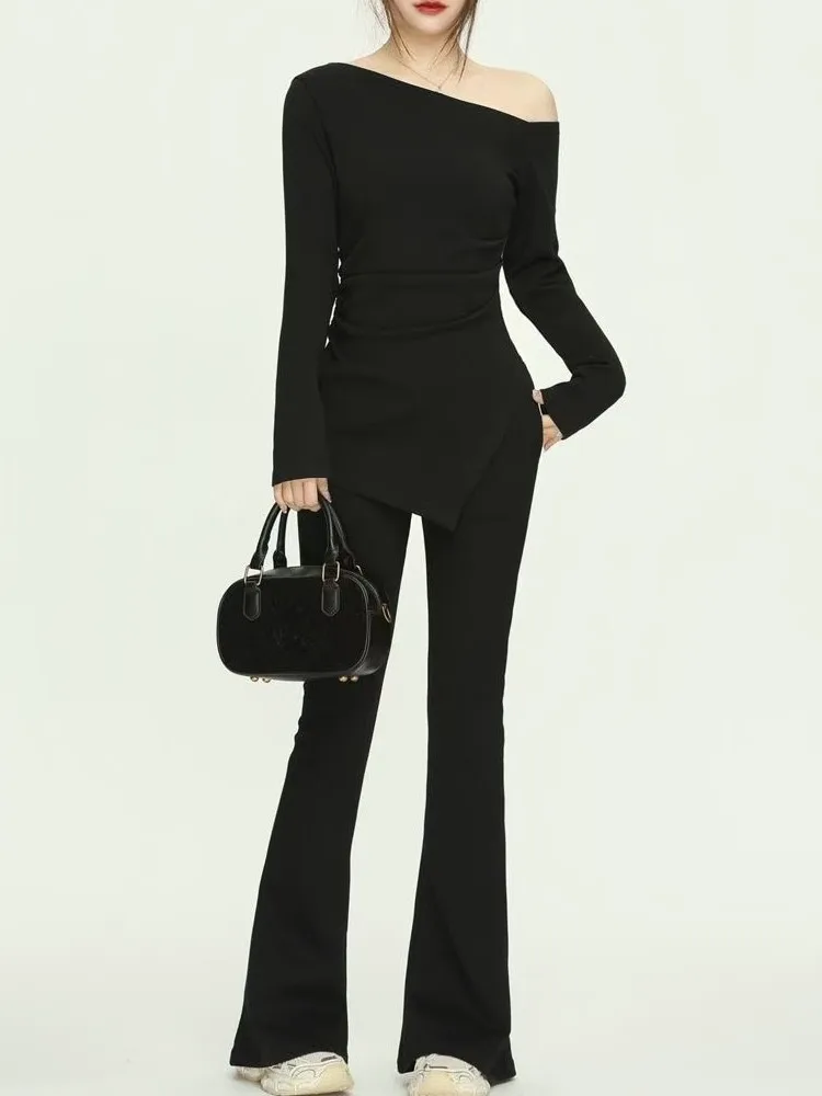 Korean Casual Suit Sets Fashion Women's Autumn Solid Inclined Shoulder Long Sleeve Top Flare Pant Basic Outfits 2 Piece Set
Korean Casual Suit Sets Fashion Women's Autumn Solid Inclined Shoulder Long Sleeve Top Flare Pant Basic Outfits 2 Piece Set